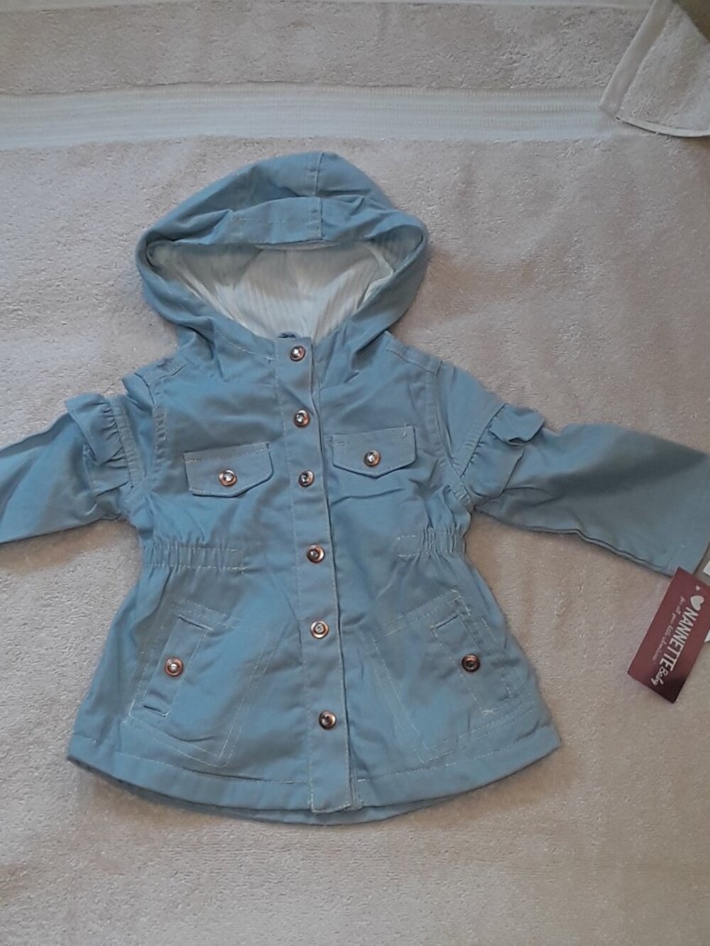 Nanette Baby NWT Light Blue Girl Hooded Jacket Size 12M Ruffle Sleeve Snap Front